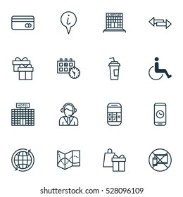 Set Of 16 Airport Icons. Can Be Used For Web, Mobile, UI And Infographic Design. Includes Elements Such As Call Duration, Drink Cup, Info Pointer And More.
