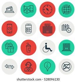 Set Of 16 Airport Icons. Can Be Used For Web, Mobile, UI And Infographic Design. Includes Elements Such As Crossroad, Operator, Present And More.