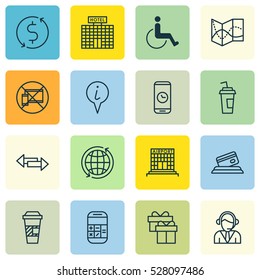 Set Of 16 Airport Icons. Can Be Used For Web, Mobile, UI And Infographic Design. Includes Elements Such As Calculation, Info Pointer, Call Duration And More.