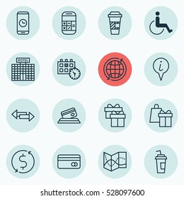 Set Of 16 Airport Icons. Can Be Used For Web, Mobile, UI And Infographic Design. Includes Elements Such As Road Map, Drink Cup, Plastic Card And More.
