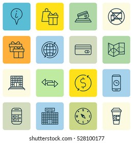 Set Of 16 Airport Icons. Can Be Used For Web, Mobile, UI And Infographic Design. Includes Elements Such As Credit Card, Crossroad, Airfield Manufacture And More.