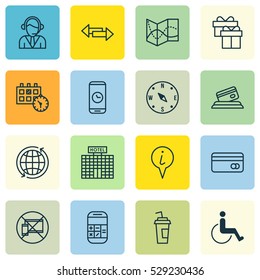 Set Of 16 Airport Icons. Can Be Used For Web, Mobile, UI And Infographic Design. Includes Elements Such As Accessibility, Forbidden Mobile, Resort Development And More.