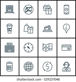 Set Of 16 Airport Icons. Can Be Used For Web, Mobile, UI And Infographic Design. Includes Elements Such As Airfield Manufacture, Info Pointer, Operator And More.