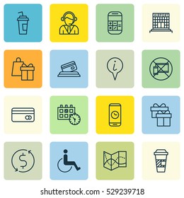 Set Of 16 Airport Icons. Can Be Used For Web, Mobile, UI And Infographic Design. Includes Elements Such As Money Trasnfer, Operator, Present And More.