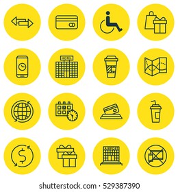 Set Of 16 Airport Icons. Can Be Used For Web, Mobile, UI And Infographic Design. Includes Elements Such As Accessibility, World, Present And More.