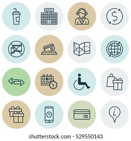 Set Of 16 Airport Icons. Can Be Used For Web, Mobile, UI And Infographic Design. Includes Elements Such As Money Trasnfer, Accessibility, Shopping And More.