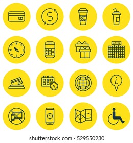 Set Of 16 Airport Icons. Can Be Used For Web, Mobile, UI And Infographic Design. Includes Elements Such As Plastic Card, Present, Credit Card And More.
