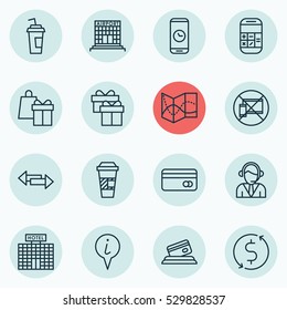 Set Of 16 Airport Icons. Can Be Used For Web, Mobile, UI And Infographic Design. Includes Elements Such As Crossroad, Present, Takeaway Coffee And More.