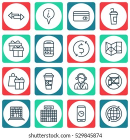 Set Of 16 Airport Icons. Can Be Used For Web, Mobile, UI And Infographic Design. Includes Elements Such As Present, Resort Development, Money Trasnfer And More.