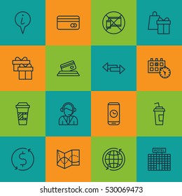 Set Of 16 Airport Icons. Can Be Used For Web, Mobile, UI And Infographic Design. Includes Elements Such As Credit Card, Plastic Card, Takeaway Coffee And More.