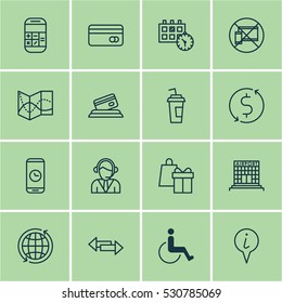 Set Of 16 Airport Icons. Can Be Used For Web, Mobile, UI And Infographic Design. Includes Elements Such As Drink Cup, Calculation, Crossroad And More.
