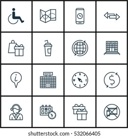 Set Of 16 Airport Icons. Can Be Used For Web, Mobile, UI And Infographic Design. Includes Elements Such As Call Duration, Money Trasnfer, Info Pointer And More.