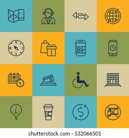 Set Of 16 Airport Icons. Can Be Used For Web, Mobile, UI And Infographic Design. Includes Elements Such As Calculation, Operator, World And More.