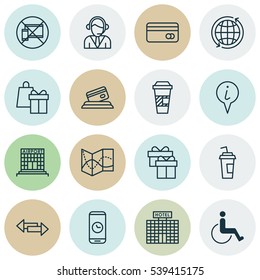 Set Of 16 Airport Icons. Includes Airfield Manufacture, Takeaway Coffee, Drink Cup And Other Symbols. Beautiful Design Elements.