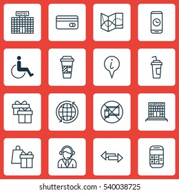 Set Of 16 Airport Icons. Includes Present, Road Map, Crossroad And Other Symbols. Beautiful Design Elements.