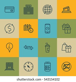 Set Of 16 Airport Icons. Includes Money Trasnfer, Info Pointer, Shopping And Other Symbols. Beautiful Design Elements.