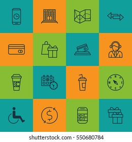 Set Of 16 Airport Icons. Includes Present, Shopping, Money Trasnfer And Other Symbols. Beautiful Design Elements.