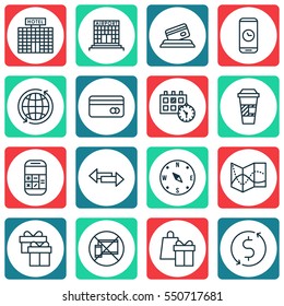 Set Of 16 Airport Icons. Includes Money Trasnfer, Appointment, Shopping And Other Symbols. Beautiful Design Elements.