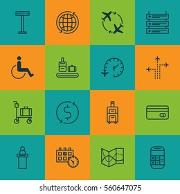 Set Of 16 Airport Icons. Includes Fly Around, Briefcase Scanner, Plane Schedule And Other Symbols. Beautiful Design Elements.