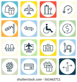 Set Of 16 Airport Icons. Includes Luggage Scanner, Flight Path, Armchair And Other Symbols. Beautiful Design Elements.