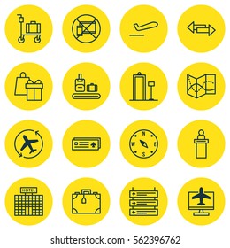 Set Of 16 Airport Icons. Includes Airliner Takeoff, Shopping, Security Scanner And Other Symbols. Beautiful Design Elements.
