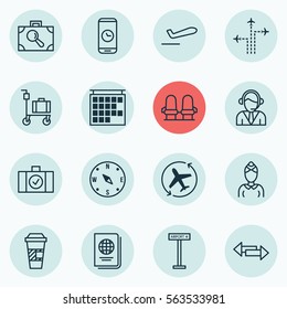 Set Of 16 Airport Icons. Includes Operator, Aircraft Arrow, Flight Path And Other Symbols. Beautiful Design Elements.