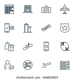 Set Of 16 Airport Icons. Includes Call Duration, Airliner, Luggage Scanner And Other Symbols. Beautiful Design Elements.