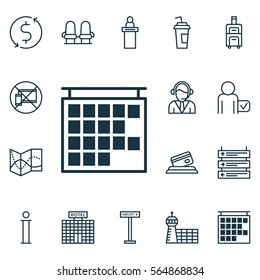 Set Of 16 Airport Icons. Includes Road Map, Operator, Airport Building And Other Symbols. Beautiful Design Elements.