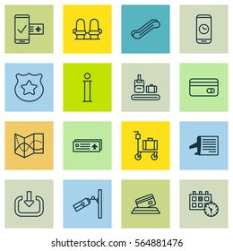 Set Of 16 Airport Icons. Includes Phone Reservation, Timetable, Stair Lift And Other Symbols. Beautiful Design Elements.