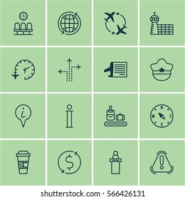 Set Of 16 Airport Icons. Includes Fly Around, Timetable, Flight Path And Other Symbols. Beautiful Design Elements.