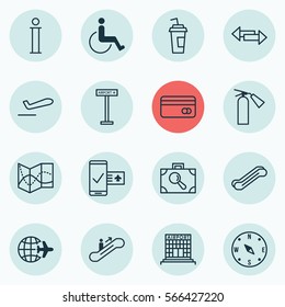 Set Of 16 Airport Icons. Includes Worldwide Flight, Moving Staircase, Baggage Research And Other Symbols. Beautiful Design Elements.