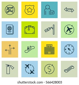 Set Of 16 Airport Icons. Includes Cop Symbol, Flight Path, Suitcase And Other Symbols. Beautiful Design Elements.