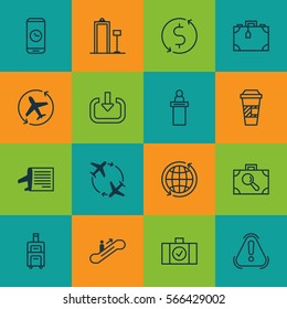 Set Of 16 Airport Icons. Includes Enter, Luggage, Aircraft Arrow And Other Symbols. Beautiful Design Elements.