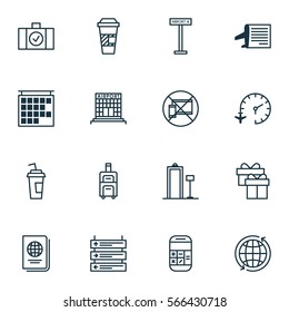 Set Of 16 Airport Icons. Includes Travel Clock, Departure Information, Timetable And Other Symbols. Beautiful Design Elements.