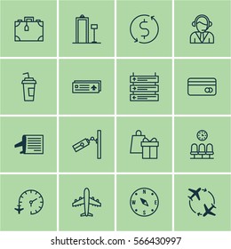 Set Of 16 Airport Icons. Includes Travel Clock, Shopping, Airliner And Other Symbols. Beautiful Design Elements.