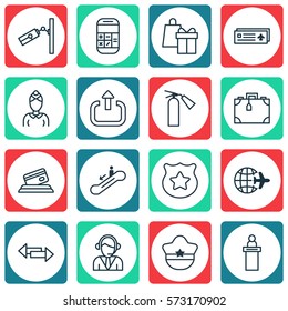 Set Of 16 Airport Icons. Includes Calculation, Credit Card, Video Surveillance And Other Symbols. Beautiful Design Elements.