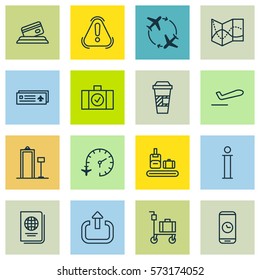 Set Of 16 Airport Icons. Includes Takeaway Coffee, Fly Around, Airport Card And Other Symbols. Beautiful Design Elements.