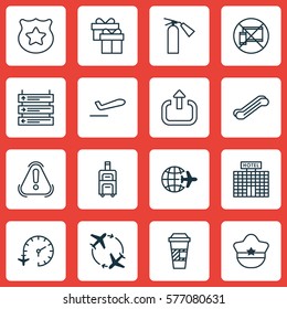 Set Of 16 Airport Icons. Includes Siren, Exit, Fly Around And Other Symbols. Beautiful Design Elements.
