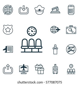Set Of 16 Airport Icons. Includes Forbidden Mobile, Luggage, World And Other Symbols. Beautiful Design Elements.