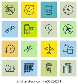 Set Of 16 Airport Icons. Includes Forbidden Mobile, Armchair, Takeaway Coffee And Other Symbols. Beautiful Design Elements.