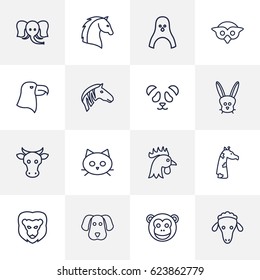 Set Of 16 Alive Outline Icons Set.Collection Of Cow, Giraffe, Owl And Other Elements.