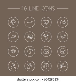 Set Of 16 Alive Outline Icons Set.Collection Of Pig, Elephant, Cow And Other Elements.
