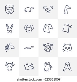 Set Of 16 Alive Outline Icons.Collection Of Turtle, Dog, Lizard And Other Elements.