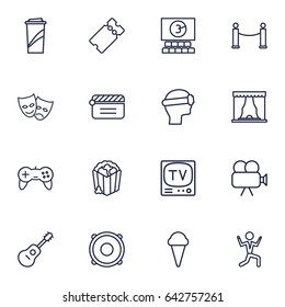 Set Of 16 Amusement Outline Icons Set.Collection Of Cinema, Tv Set, Soft Drink And Other Elements.
