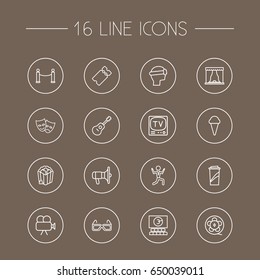 Set Of 16 Amusement Outline Icons Set.Collection Of 3D Glasses, Ticket, Guitar And Other Elements.