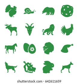 Set of 16 animal filled icons such as rabbit, moose, lion, bear, dog, wolf, turkey, goat, hippopotamus, snail, meat leg, easter egg, extinct sea creature