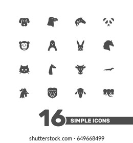 Set Of 16 Animal Icons Set.Collection Of Rooster, Hound, Trunked Animal And Other Elements.