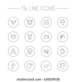 Set Of 16 Animal Outline Icons Set.Collection Of Mammal, Feline Bear, Cock And Other Elements.