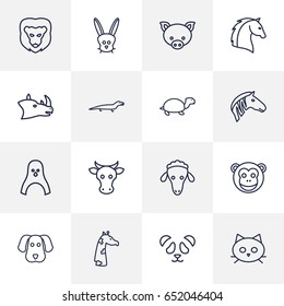 Set Of 16 Animal Outline Icons Set.Collection Of Turtle, Cow, Lizard And Other Elements.