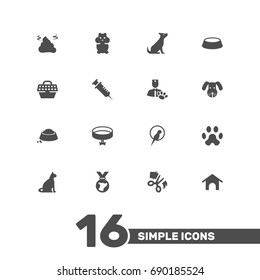 Set Of 16 Animals Icons Set.Collection Of Neckband , Food , Injection Elements.